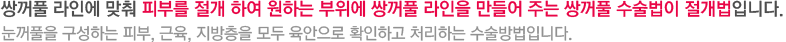 쌍꺼풀 라인에 맞춰 피부를 절개 하여 원하는 부위에 쌍꺼풀 라인을 만들어 주는 쌍꺼풀 수술법이 절개법입니다. 눈꺼풀을 구성하는 피부, 근육, 지방층을 모두 육안으로 확인하고 처리하는 수술방법입니다.