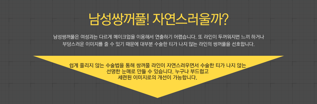 남성쌍꺼풀! 자연스러울까? 남성쌍꺼풀은 여성과는 다르게 메이크업을 이용해서 연출하기 어렵습니다. 또 라인이 두꺼워지면 느끼 하거나 부담스러운 이미지를 줄 수 있기 때문에 대부분 수술한 티가 나지 않는 라인의 쌍꺼풀을 선호합니다. 쉽게 풀리지 않는 수술법을 통해 쌍꺼풀 라인이 자연스러우면서 수술한 티가 나지 않는 선명한 눈매로 만들 수 있습니다. 누구나 부드럽고 세련된 이미지로의 개선이 가능합니다.