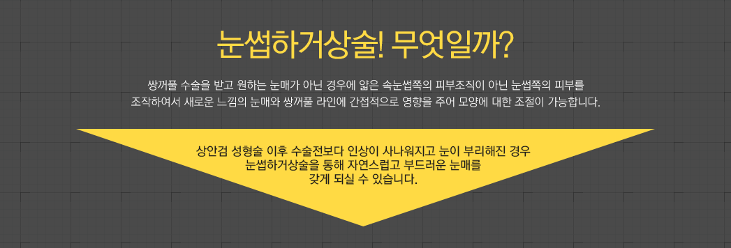 눈썹하거상술! 무엇일까? 쌍꺼풀 수술을 받고 원하는 눈매가 아닌 경우에 얇은 속눈썹쪽의 피부조직이 아닌 눈썹쪽의 피부를 조작하여서 새로운 느낌의 눈매와 쌍꺼풀 라인에 간접적으로 영향을 주어 모양에 대한 조절이 가능합니다. 상안검 성형술 이후 수술전보다 인상이 사나워지고 눈이 부리해진 경우 눈썹하거상술을 통해 자연스럽고 부드러운 눈매를 갖게 되실 수 있습니다.