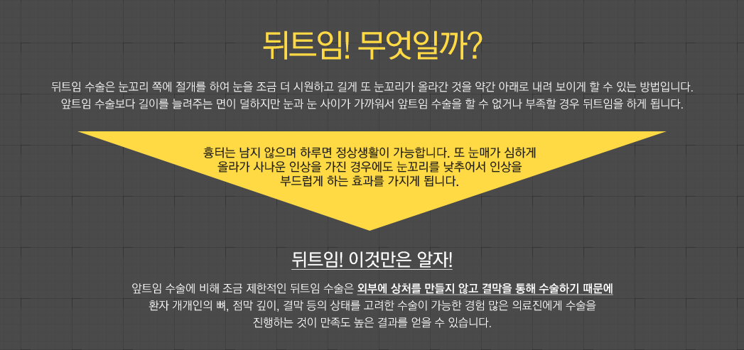 뒤트임! 무엇일까? 뒤트임 수술은 눈꼬리 쪽에 절개를 하여 눈을 조금 더 시원하고 길게 또 눈꼬리가 올라간 것을 약간 아래로 내려 보이게 할 수 있는 방법입니다.
앞트임 수술보다 길이를 늘려주는 면이 덜하지만 눈과 눈 사이가 가까워서 앞트임 수술을 할 수 없거나 부족할 경우 뒤트임을 하게 됩니다. 흉터는 남지 않으며 하루면 정상생활이 가능합니다. 또 눈매가 심하게 올라가 사나운 인상을 가진 경우에도 눈꼬리를 낮추어서 인상을 부드럽게 하는 효과를 가지게 됩니다. 뒤트임! 이것만은 알자! - 앞트임 수술에 비해 조금 제한적인 뒤트임 수술은 외부에 상처를 만들지 않고 결막을 통해 수술하기 때문에 환자 개개인의 뼈, 점막 깊이, 결막 등의 상태를 고려한 수술이 가능한 경험 많은 의료진에게 수술을 진행하는 것이 만족도 높은 결과를 얻을 수 있습니다.