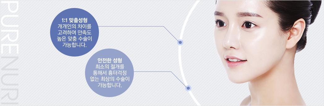1:1 맞춤성형 개개인의 차이를 고려하여 만족도 높은 맞춤 수술이 가능합니다. 안전한 성형 최소의 절개를 통해서 흉터걱정 없는 최상의 수술이 가능합니다.