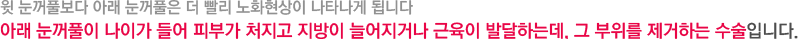 윗 눈꺼풀보다 아래 눈꺼풀은 더 빨리 노화현상이 나타나게 됩니다. 아래 눈꺼풀이 나이가 들어 피부가 처지고 지방이 늘어지거나 근육이 발달하는데, 그 부위를 제거하는 수술입니다.