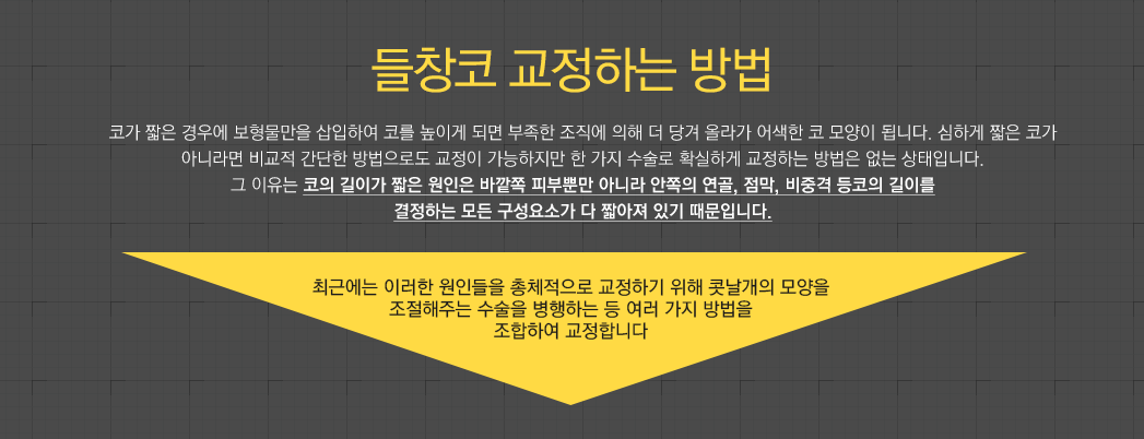 들창코 교정하는 방법코가 짧은 경우에 보형물만을 삽입하여 코를 높이게 되면 부족한 조직에 의해 더 당겨 올라가 어색한 코 모양이 됩니다. 심하게 짧은 코가 아니라면 비교적 간단한 방법으로도 교정이 가능하지만 한 가지 수술로 확실하게 교정하는 방법은 없는 상태입니다. 그 이유는 코의 길이가 짧은 원인은 바깥쪽 피부뿐만 아니라 안쪽의 연골, 점막, 비중격 등코의 길이를 결정하는 모든 구성요소가 다 짧아져 있기 때문입니다. 최근에는 이러한 원인들을 총체적으로 교정하기 위해 콧날개의 모양을 조절해주는 수술을 병행하는 등 여러 가지 방법을 조합하여 교정합니다