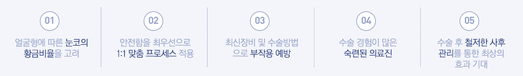01:얼굴형에 따른 눈코의 황금비율을 고려 - 02:안전함을 최우선으로 1:1 맞춤 프로세스 적용  - 03:최신장비 및 수술방법으로 부작용 예방 - 04:수술 경험이 많은 숙련된 의료진 - 05:수술 후 철저한 사후 관리를 통한 최상의 효과 기대