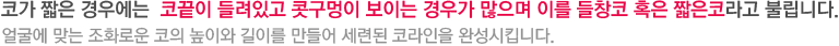 코가 짧은 경우에는  코끝이 들려있고 콧구멍이 보이는 경우가 많으며 이를 들창코 혹은 짧은코라고 불립니다. 얼굴에 맞는 조화로운 코의 높이와 길이를 만들어 세련된 코라인을 완성시킵니다. 