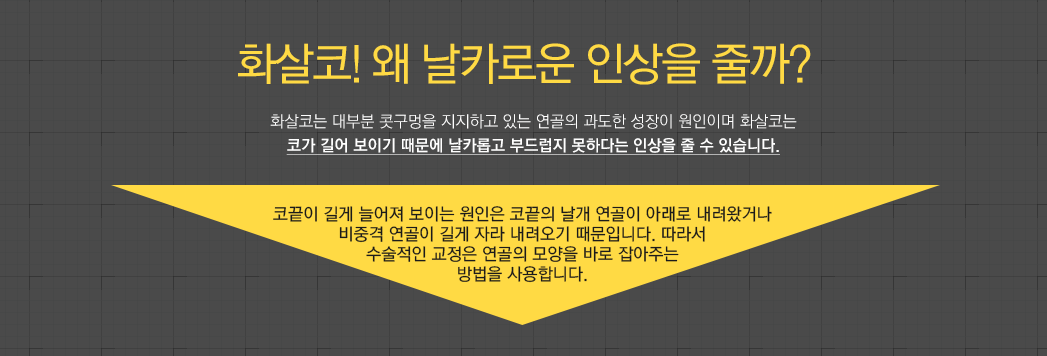 화살코! 왜 날카로운 인상을 줄까? 화살코는 대부분 콧구멍을 지지하고 있는 연골의 과도한 성장이 원인이며 화살코는 코가 길어 보이기 때문에 날카롭고 부드럽지 못하다는 인상을 줄 수 있습니다. 코끝이 길게 늘어져 보이는 원인은 코끝의 날개 연골이 아래로 내려왔거나 비중격 연골이 길게 자라 내려오기 때문입니다. 따라서 수술적인 교정은 연골의 모양을 바로 잡아주는 방법을 사용합니다.