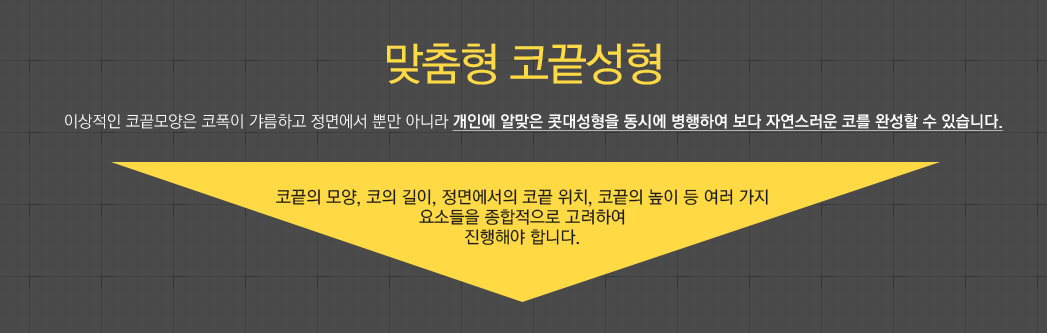 맞춤형 코끝성형 이상적인 코끝모양은 코폭이 갸름하고 정면에서 뿐만 아니라 개인에 알맞은 콧대성형을 동시에 병행하여 보다 자연스러운 코를 완성할 수 있습니다. 코끝의 모양, 코의 길이, 정면에서의 코끝 위치, 코끝의 높이 등 여러 가지 요소들을 종합적으로 고려하여 진행해야 합니다.