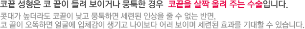 코끝 성형은 코 끝이 들려 보이거나 뭉툭한 경우  코끝을 살짝 올려 주는 수술입니다. 콧대가 높더라도 코끝이 낮고 뭉툭하면 세련된 인상을 줄 수 없는 반면,
코 끝이 오똑하면 얼굴에 입체감이 생기고 나이보다 어려 보이며 세련된 효과를 기대할 수 있습니다.