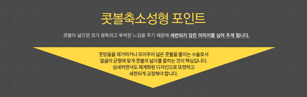 콧볼축소성형 포인트 콧볼이 넓으면 코가 뭉툭하고 투박한 느낌을 주기 때문에 세련되지 않은 이미지를 심어 주게 됩니다. 콧구멍의 모양과 크기의 대칭을 잡아 섬세하면서도 체계화된 디자인으로 또렷하고 세련되게 교정해야 합니다. 