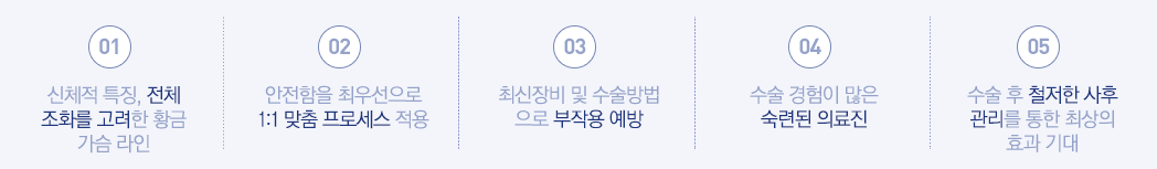 01:신체적 특징, 전체 조화를 고려한 황금 가슴 라인 - 02:안전함을 최우선으로 1:1 맞춤 프로세스 적용  - 03:최신장비 및 수술방법으로 부작용 예방 - 04:수술 경험이 많은 숙련된 의료진 - 05:수술 후 철저한 사후 관리를 통한 최상의 효과 기대