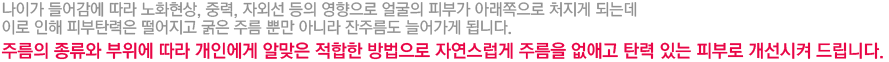 나이가 들어감에 따라 노화현상, 중력, 자외선 등의 영향으로 얼굴의 피부가 아래쪽으로 처지게 되는데 이로 인해 피부탄력은 떨어지고 굵은 주름 뿐만 아니라 잔주름도 늘어가게 됩니다. 주름의 종류와 부위에 따라 개인에게 알맞은 적합한 방법으로 자연스럽게 주름을 없애고 탄력 있는 피부로 개선시켜 드립니다.