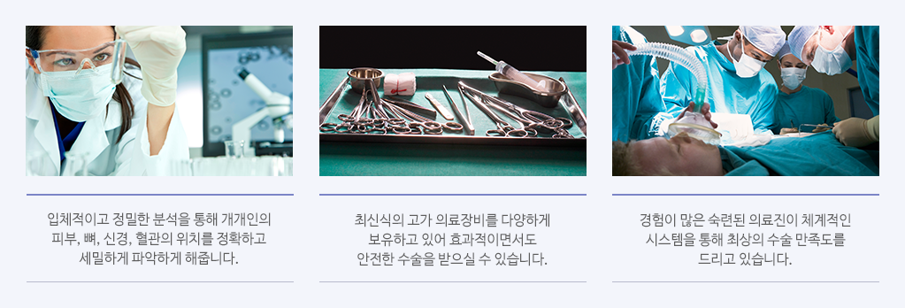 입체적이고 정밀한 분석을 통해 개개인의 피부, 뼈, 신경, 혈관의 위치를 정확하고 세밀하게 파악하게 해줍니다., 최신식의 고가 의료장비를 다양하게 보유하고 있어 효과적이면서도 안전한 수술을 받으실 수 있습니다., 경험이 많은 숙련된 의료진이 체계적인 시스템을 통해 최상의 수술 만족도를 드리고 있습니다.