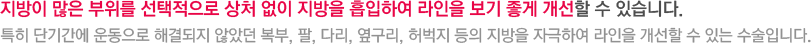 지방이 많은 부위를 선택적으로 상처 없이 지방을 흡입하여 라인을 보기 좋게 개선할 수 있습니다. 특히 단기간에 운동으로 해결되지 않았던 복부, 팔, 다리, 옆구리, 허벅지 등의 지방을 자극하여 라인을 개선할 수 있는 수술입니다.